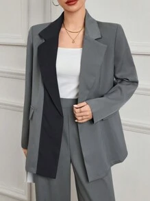 Modelyn Damen koreanischer Stil Lässig Farbblock Patchwork Blazer Jacke & Hose 2-teiliger Hosenanzug