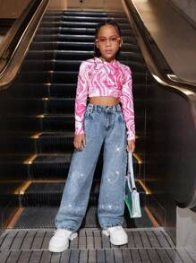 SHEIN Explorewe Quần Jeans Denim Cao Cấp In Hình Trái Tim Cho Bé Gái - Rửa nhẹ - Xem 3