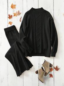 EMERY ROSE 2 件套女式纯色立领长袖毛衣和裤子套装，简约风格 - 黑色 - 查看 1