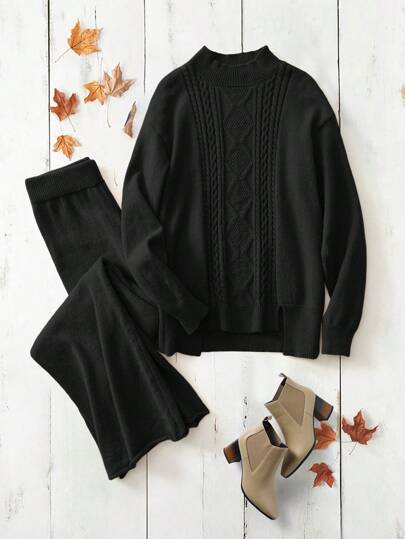 EMERY ROSE 2 件套女式纯色立领长袖毛衣和裤子套装，简约风格