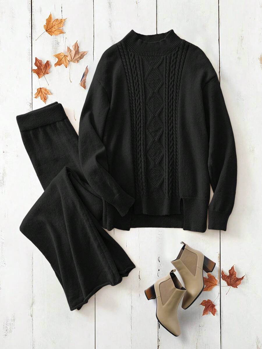 EMERY ROSE 2 件套女式纯色立领长袖毛衣和裤子套装，简约风格 - 黑色 - 查看 1