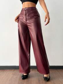 SHEIN PETITE Women's Retro Leather Trousers Suitable For Autumn And Winter - Red - View 9