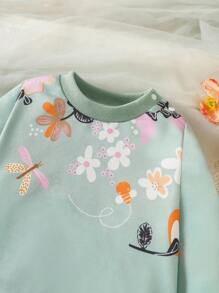 亚洲风格可爱甜美花朵女婴 2 件套服装：圆领运动衫 + 裤子，秋冬季时尚休闲装 - 綠色 - 查看 5