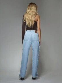 MISSGUIDED Lace Up Side Jeans High Waisted Straight Leg Denim Streetwear Festival Y2K Aesthetic Pants Western Style Retro Fashion Statement - Blue - View 2