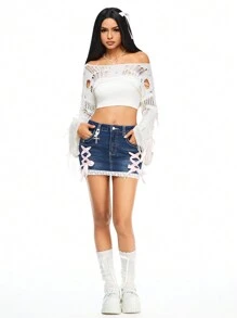 ROMWE Kawaii Lace-Up Bow Accent Denim Mini Skirt For Women - Medium Wash - View 4