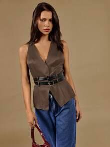 Poéselle 女式纯色无袖 V 领简约休闲衬衫 - 咖啡棕 - 查看 2