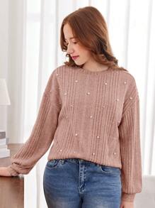 SHEIN Leap Crew Teen Girl's Loose Fit Crew Neck Drop Shoulder Ribbed Embellished Sweatshirt, Pink - Pink - View 1