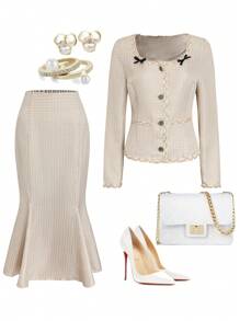 Modelyn Fashion Casual Chic Ribbon Decor Women 2pcs Set - Apricot - View 1