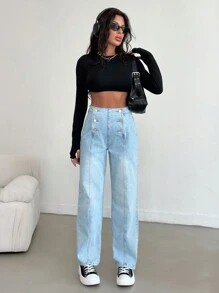 EURMUSE HIGH RISE STRAIGHT MULTI BUTTON DETAIL JEAN - Medium Wash - View 5