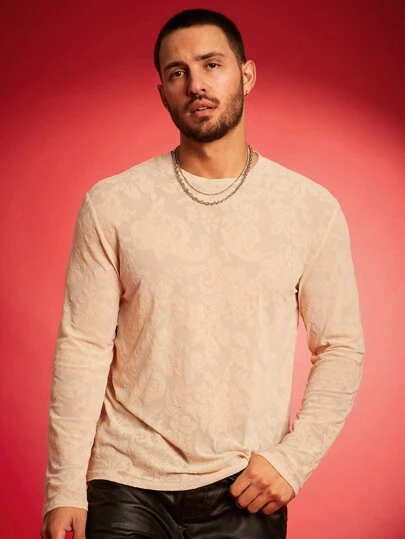 FeverCity 男士纯色提花针织休闲长袖 T 恤，秋季