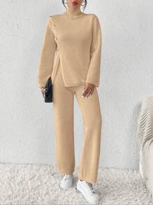 Chiquease 2pcs Solid Color Turtleneck Slit Cuff Long Sleeve Top And Pants Elegant Knitted Suit Set