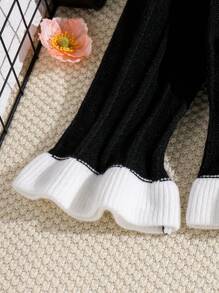 2pcs Little Girls Autumn/Winter Ruffled Collar Cardigan Sweater And Pants Set With Fake Pockets And Buttons, Knitted Outfit - Black - View 4