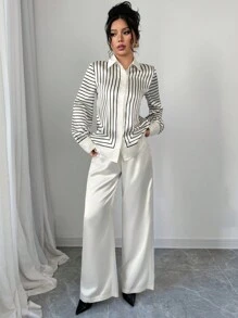 SHEIN Unity 2pcs Set: Casual Color Block Striped Long Sleeve Shirt And Solid Color Pants, Autumn - Black - View 5