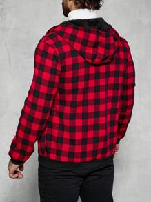 Manfinity Homme Sudadera con cremallera a cuadros sencilla para hombres, uso diario casual, Navidad, cárdigan de cuadros rojos, camisetas térmicas, forro polar esponjoso para mantener el calor