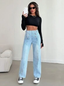 EURMUSE HIGH RISE STRAIGHT MULTI BUTTON DETAIL JEAN - Medium Wash - View 3