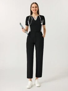 TaskEZ Contrast Color V-Neck Short Sleeve Top And Pants Uniform Scrub Set, Nurse - Black - View 1