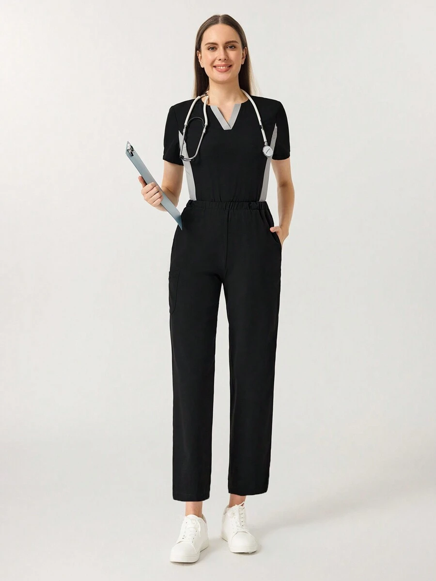 TaskEZ Contrast Color V-Neck Short Sleeve Top And Pants Uniform Scrub Set, Nurse - Black - View 1