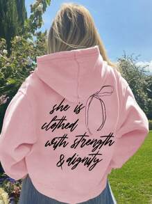 INAWLY Áo nỉ trùm đầu in chữ dài tay tối giản dành cho nữ, mặc thường ngày - Hồng - Xem 1