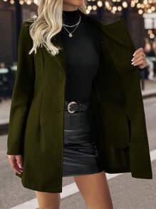 SHEIN Clasi 女士金属纽扣装饰长袖长款优雅大衣，秋冬 - 軍綠色 - 查看 7