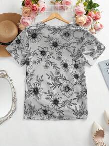 SHEIN LUNE Plus Size Floral Print Slim Fit Short Sleeve Summer T-Shirt - Grey - View 2