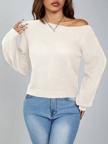 SHEIN PETITE 套头斜肩罗纹女式毛衣，长袖上衣 - 米色 - 查看 5