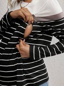 SHEIN Maternity Casual Striped Nursing Top, Loose Round Neck Long Sleeve Tee For Pregnant Women