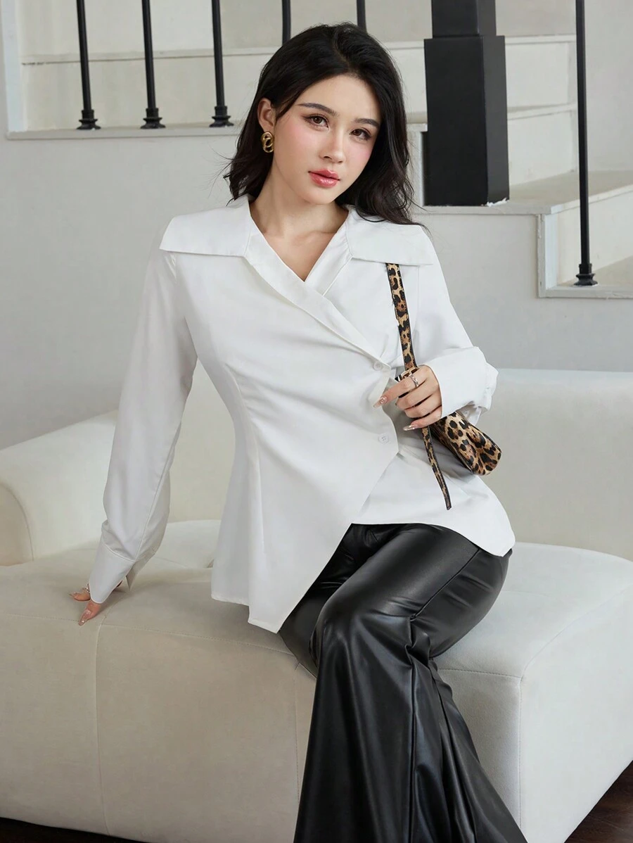 Modelyn 大翻领不对称下摆修身长袖女式衬衫 - 白色 - 查看 1