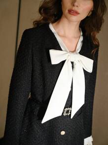 MOTF STUDIO 粗花呢双色系带领口撞色荷叶边装饰二合一连衣裙，新年装扮 - 白色 - 查看 3