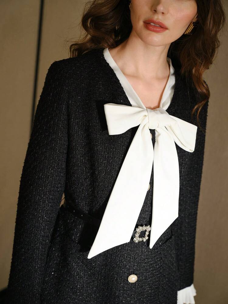MOTF STUDIO TWEED TWO TONE TIE NECK CONTRAST FRILL TRIM 2 IN 1 DRESS, NEW YEAR OUTFIT