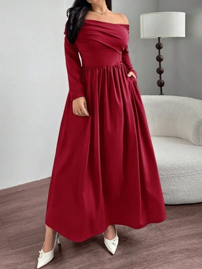 Firerie Plus Size Women Off Shoulder Elegant Long Sleeve Peplum Hem A-Line Midi Dress With Slit Pockets, Suitable For Graduation/Back To School