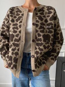 DAZY Leopard Printed & Embroidery Letter Design Women Cardigan Cheetah Print,Fall Clothes - Brown - View 5