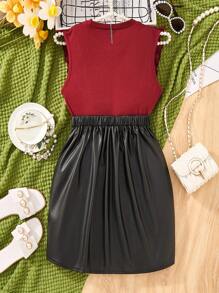 2pcs/Set Teen Girl Red Ruffle Round Neck Sleeveless Top And Black Mini Skirt - Red - View 2