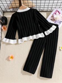 2pcs Little Girls Autumn/Winter Ruffled Collar Cardigan Sweater And Pants Set With Fake Pockets And Buttons, Knitted Outfit - Black - View 2