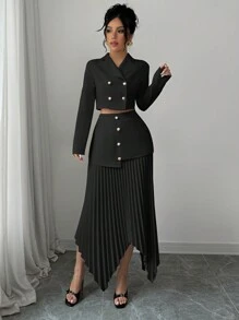 Elenzga Elegant Women 2 Pieces Set With Jacket Collar, Button Closure, Ruched Detail And Asymmetrical Hem Fall Cloth For Women - Black - View 5