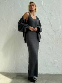 SHEIN Privé 女士两件套：深灰色宽松长袖开衫和长款针织毛衣连衣裙 - 灰色 - 查看 1