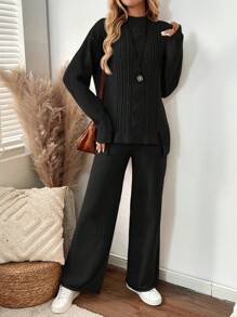 EMERY ROSE 2 件套女式纯色立领长袖毛衣和裤子套装，简约风格 - 黑色 - 查看 7