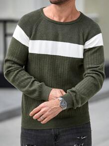 Manfinity Mode Men Crew Neck Long Sleeve Solid Color Splice Casual Pullover Sweater