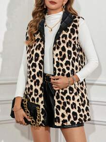 SHEIN Clasi Chaleco/Chaqueta acolchada de algodón reversible con estampado de leopardo y negro, para otoño/invierno - Multicolor - Ver 14