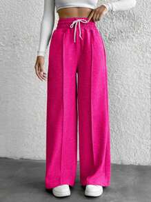 Cottnline Cotton Petite Drawstring Waist Wide Leg Pants - Hot Pink - View 5