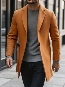 Manfinity Homme 男士翻领长袖纯色简约优雅大衣 - 卡其色 - 查看 3