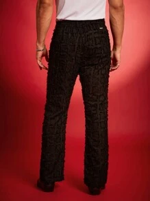 FeverCity Men's Solid Color Patchwork Fringe Straight Loose Casual Suit Pants - Black - View 4