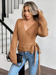 SHEIN LUNE Suéter holgado de punto de manga raglán y hombros descubiertos de unicolor, para otoño/invierno