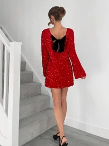 Siren Gaze Women's Sequin Embellished Round Neck Long Sleeve Mini Dress, Suitable For Banquet And Party Winter Christmas New Year Luxury Red Glitter Spring Valentine's Day Shiny - Red - View 4