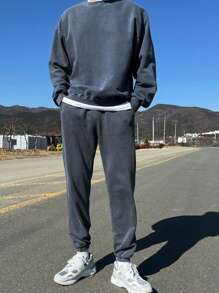 DAZY 2pcs Men Casual Daily Wear Round Neck Contrast Color Sweatshirt & Pants Set, Autumn - Blue - View 6