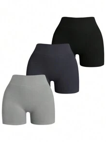 Easithlete 3pcs/Set Solid Color Sports Shorts, Seamless, V-Waist - Multicolor - View 2