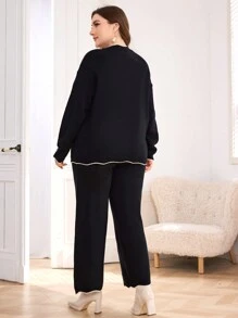 Mulvari 大码休闲拼色条纹毛衣和裤子套装，秋冬两件套 - 黑色 - 查看 2