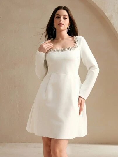 Anewsta Plus Size Women Classic White Long Sleeve Fitted A-Line Short Dress, Elegant Square Neckline With Sparkling Rhinestone Decor