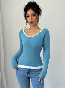 Chiquease Women's Contrast Color V-Neck Raglan Sleeve Casual Pullover Sweater, Autumn/Winter