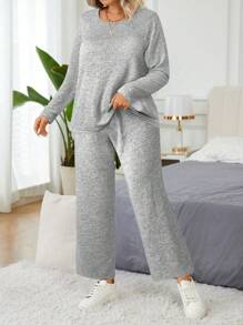 Calvaya Plus Size 2pcs/Set Fitted Casual Warm Long Sleeve Top With Built-In Padded Bra And Pants Set, For Winter - Grey - View 3