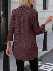 SHEIN LUNE Women's Casual Allover Print Notched Collar Roll Sleeve Shirt, Autumn